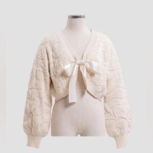 Moon River Jacquard Pearl Cream Knit Cardigan with Bow